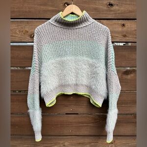Free People Sunbrite Mint & Gray Fuzzy Striped Mock Neck Cropped Knit Sweater